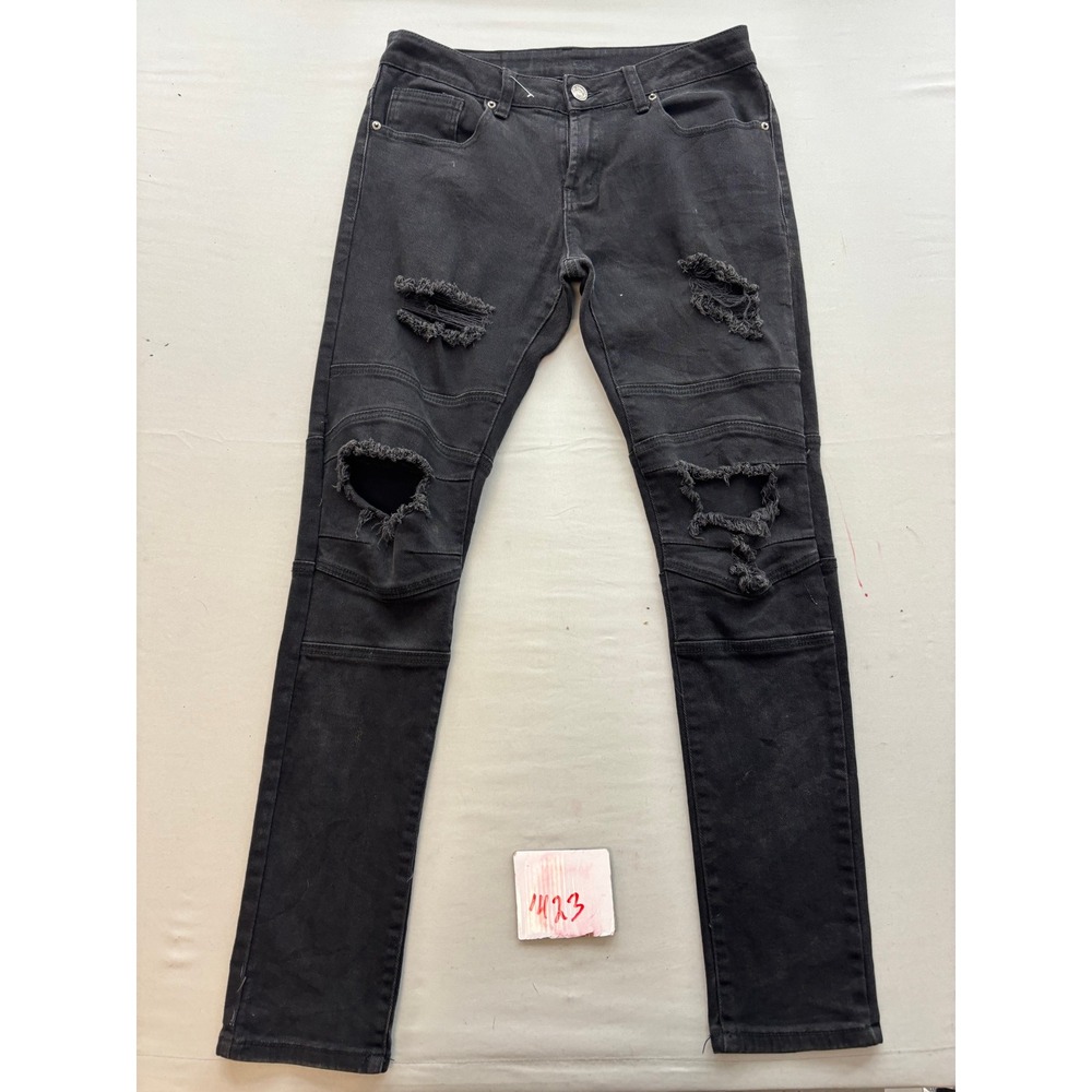 Mens Black Distressed Moto Skinny Jeans Supreme Flex Ribbed Knee Denim 30x32